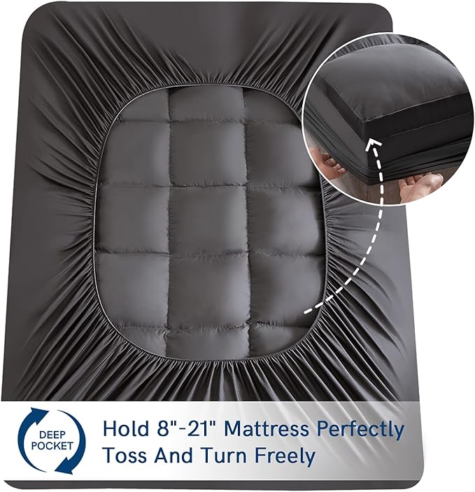 ELEMUSE Twin Grey Mattress Topper for Back Pain, Extra Thick Mattress Pad Cover, Plush Soft Pillowtop with Elastic Deep Pocket, Overfilled Down Alternative Filling