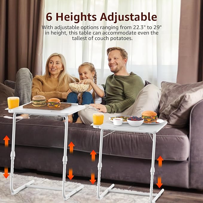 TV Trays Set of 2 - Folding TV Tray Adjustable Dinner Trays for Eating On Couch Wooden Tables Mate Stand Foldable White Desk with Cup Holder Portable