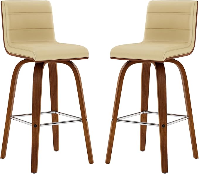 Armen Living Vienna Modern Swivel 26" Counter Height Barstool with Cream Faux Leather and Walnut Wood Finish