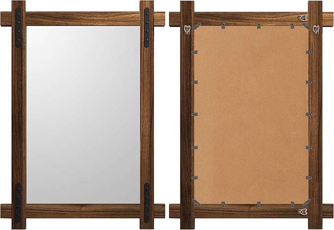 YOSHOOT Farmhouse Wood Bathroom Mirror, 40"x30" Rustic Wall Mirror, Round Corner Vanity Mirror for Decor, Vertical or Horizontal Hanging, Selected Wood, 100% Handmade