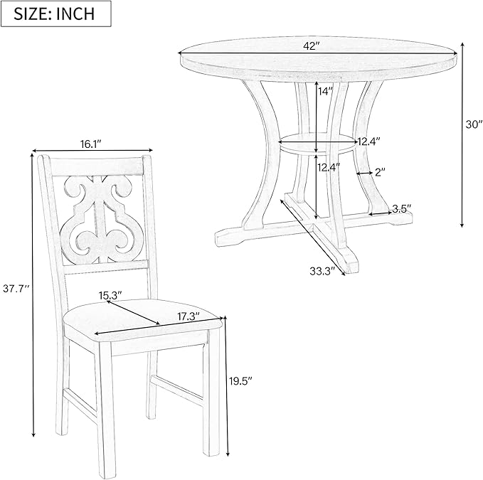 Merax 5 Piece Round Dining Table Set 4 Retro Chairs with Special-Shaped Table Legs, Exquisitely Designed Hollow Chair Back for Dining Room, Gray