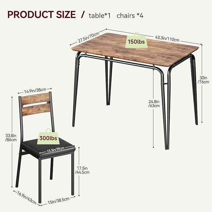 5 Piece Dining Table Set for 4, Compact Square Table Chairs, Sturdy MDF Top, Metal Frame, Space-Saving Breakfast Set for Kitchen, Apartment, Office, Easy Assembly Wipe-Clean