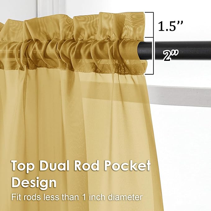 OVZME Gold Sheer Curtains 54 Inches Long 2 Panels - Image 3