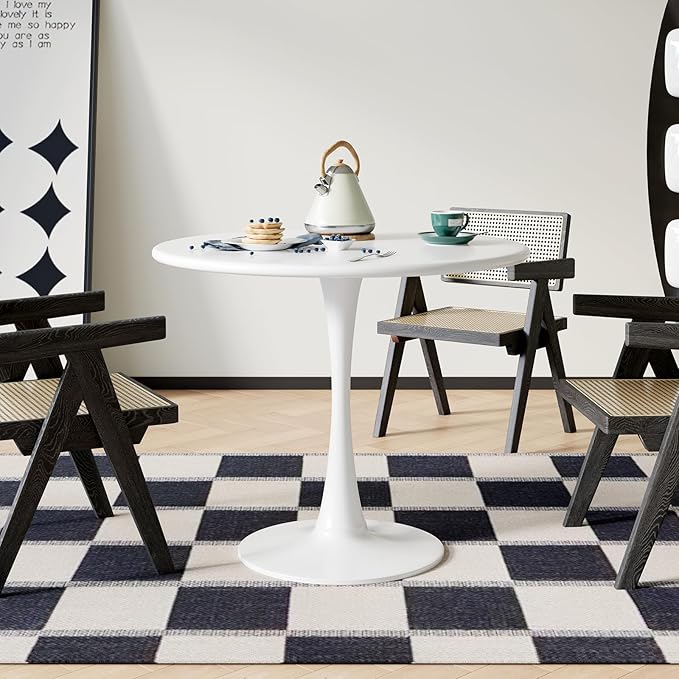 White Round Dining Table for 2 Person, 24 Inch Small Tulip Table with Metal Pedestal for Living Room, Mid Century Modern Kitchen Table for Kitchen, Office, Pub, Bar, Bistro, Circle Cafe Tables