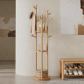 Solid Wood Rotary Coat Rack, Freestanding Coat Rack with 3 Shelves and 9 Hooks, Coat tree for Bedroom, Entryway, Livingroom, Coat Hanger Stand for Coats, Scarves, Handbags (Natural)