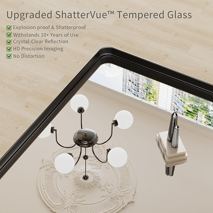 Koonmi Black Bathroom Mirror for Wall, 30x60 Inch Matte Metal Deep Framed Rounded Corner Wall Mirror, Shatterproof Tempered Glass for Farmhouse Bedroom Entryway, Vertically or Horizontally