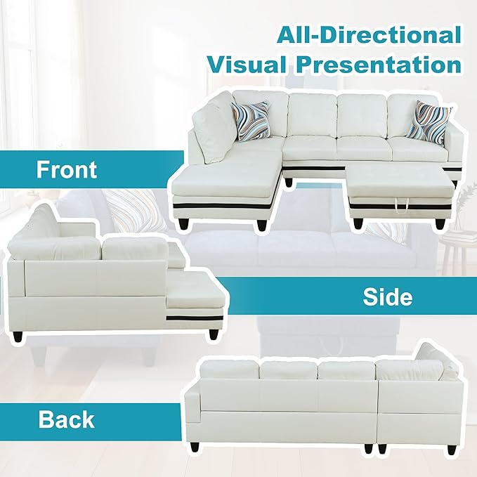 L Shaped Couch PU Leather Sectional Couch Upholstered 3 Pieces Sofas for Living Room with Chaise, Storage Ottoman for Office and Small Apartment, Black and White