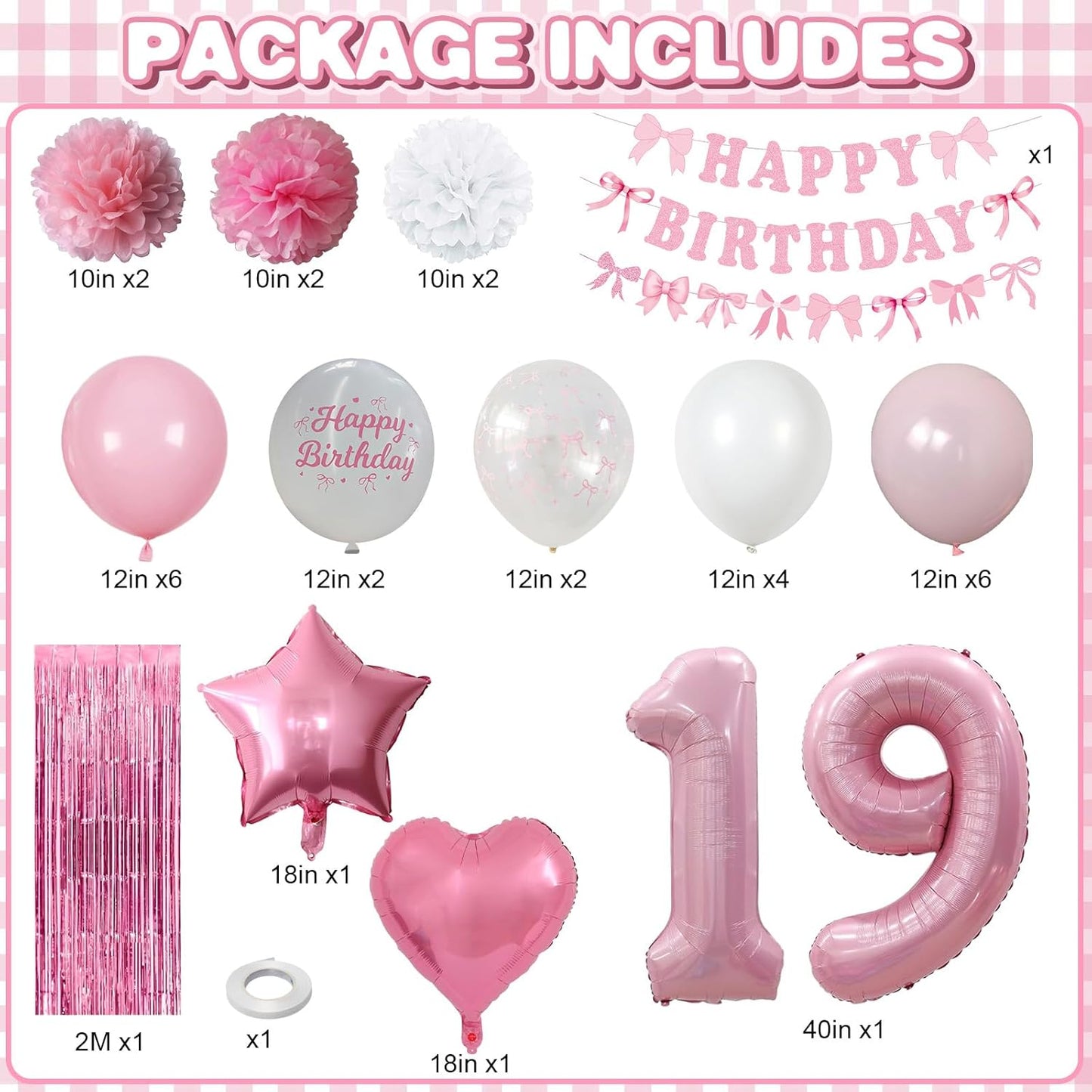 19th Birthday Decorations for Girls Pink Number 19 Balloon Bow Coquette Happy Birthday Banner Fringe Curtain Paper Pom Poms Star Heart Foil Pink White Balloons 19 Year Old Party Decor for Her
