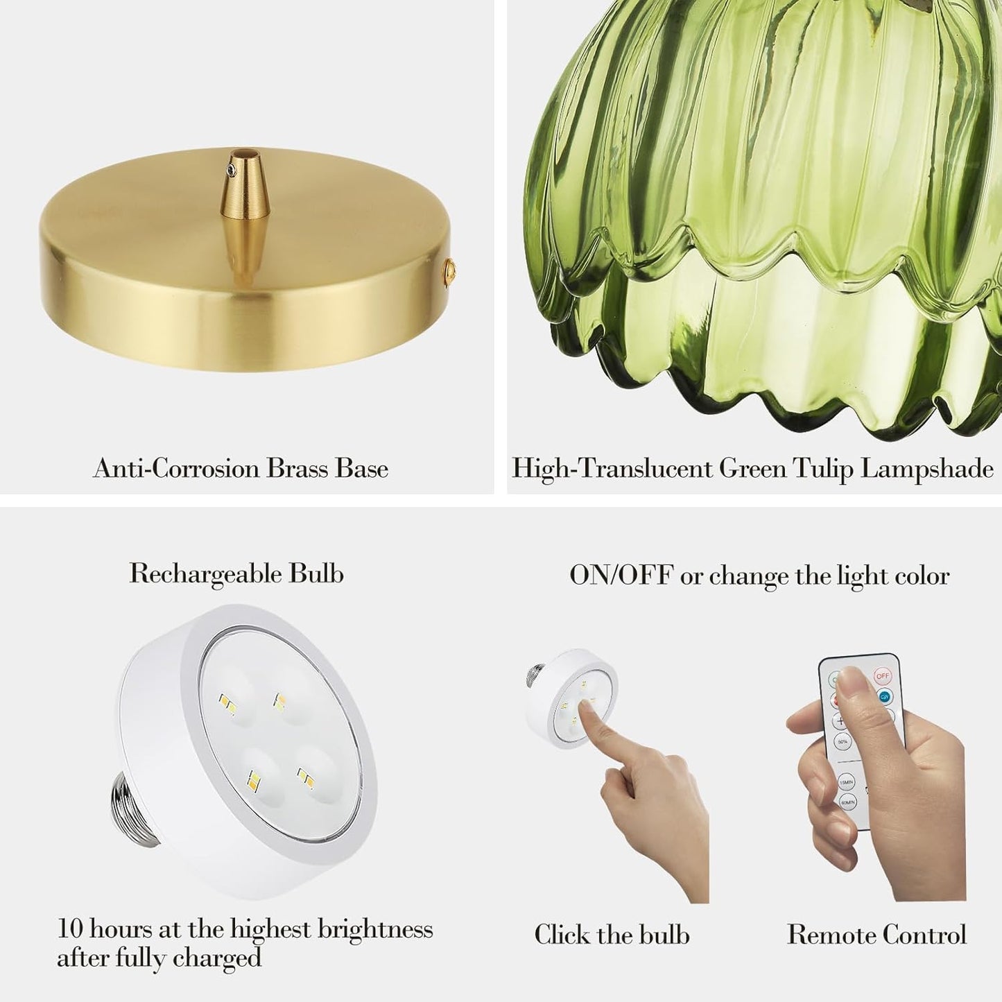 Vintage Gold Rechargeable Pendant Light with 70 Inch Cord and Exquisite Tulip Green Glass Shade for Kitchen Island, Living Room & Dining Room, Ideal Hanging Light for Multiple Spaces