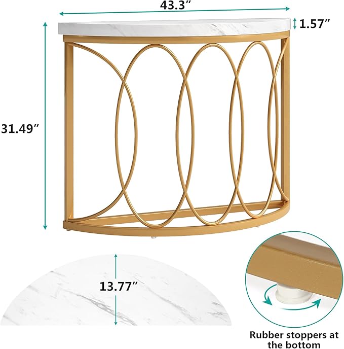 LITTLE TREE Half Moon Gold Console Table, 43 Inch Modern Faux Marble Entryway Table, Narrow Semi Circle Sofa Accent Table with Geometric Metal Frame for Living Room, Hallway