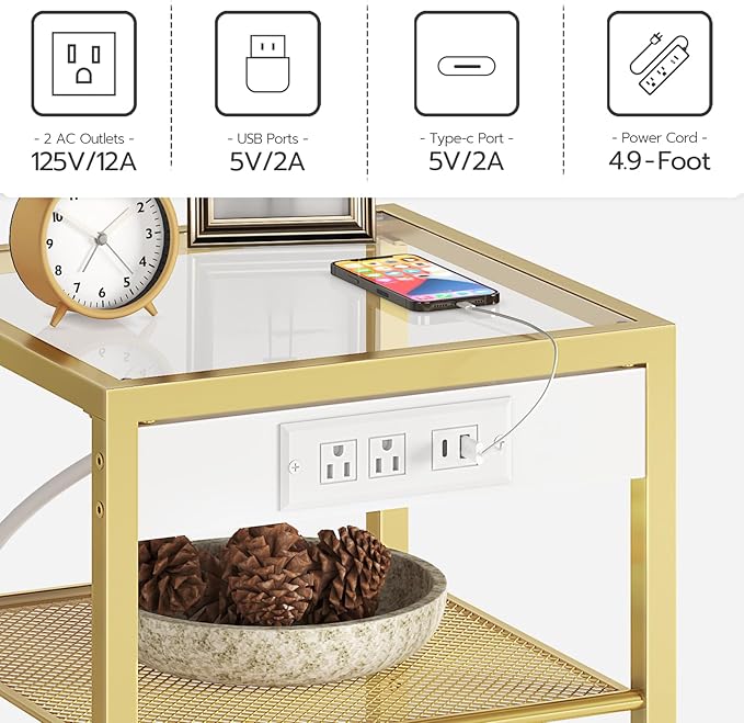 HOOBRO End Tables Set of 2 with Charging Station, Side Tables with USB Ports & Power Outlets, 3-Tier Slim Nightstands with Storage Shelves, Tempered Glass, for Living Room, Bedroom, Gold GD77UBZP201