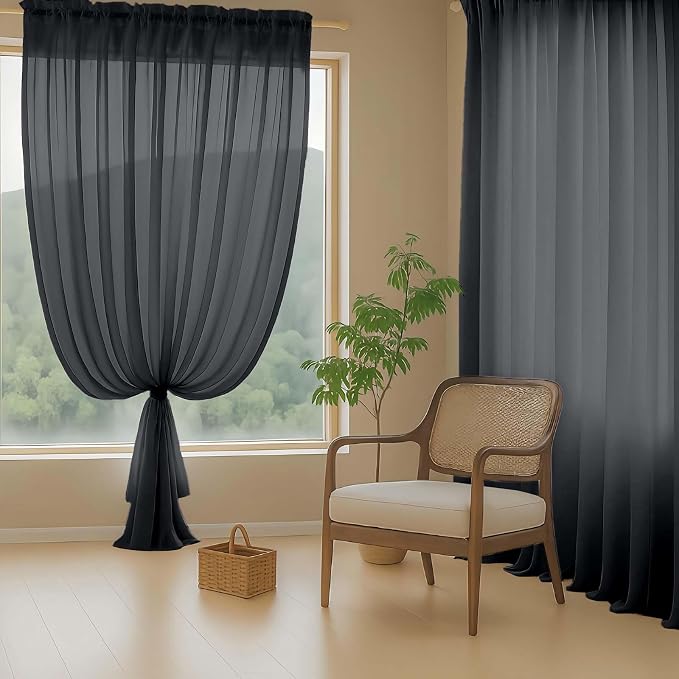 Black Sheer Curtains 90 Inches Long 2 Panels, Light Filtering Solid Sheer - Image 8