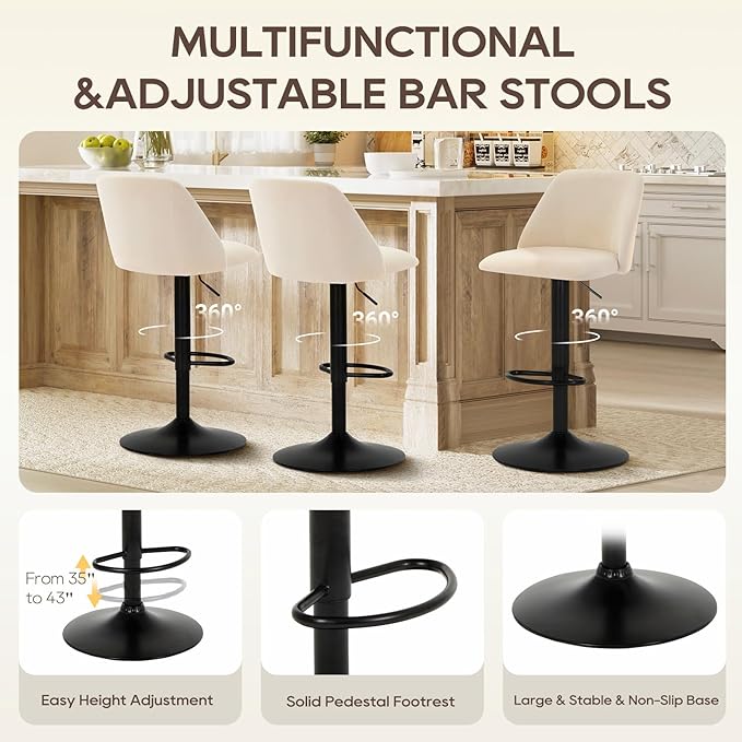 COLAMY Bar Stools Set of 3, Modern Swivel Bar Chairs, Adjustable Upholstered Barstools Counter Height with Full Backrest for Bar, Dining Room, Kitchen Island, Beige