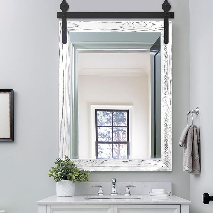 YOSHOOT Farmhouse Barn Door Mirror, 40"x30" Rustic Wood Framed Wall Mirror, Wall Mounted Vintage Mirror, Wooden Farmhouse Style for Bathroom Living Room Entryway, White, Vertical Hanging ONLY