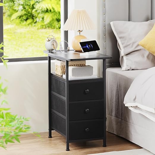 AMHANCIBLE End Tables Living Room with Charging Station, Narrow Side Table with USB Ports and Outlets, Slim Nightstand with 3 Fabric Drawers for Bedroom, Small Space, Black, HETN013BK-1