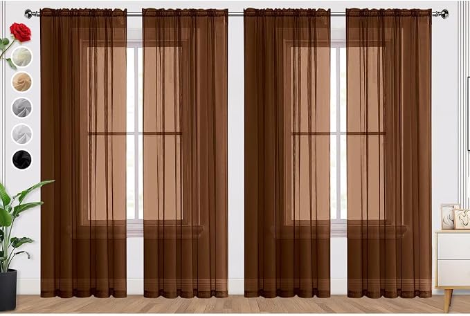 SpaceDresser Brown Sheer Curtains 4 Panels Rod Pocket Semi-Sheer Curtain 72 by SpaceDresser
