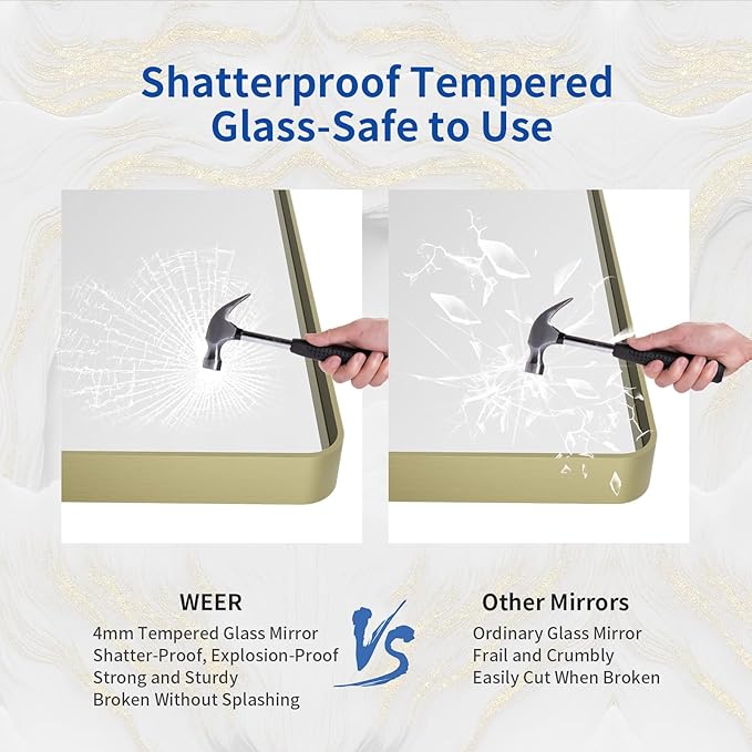 WEER Gold Bathroom Mirror, 24X36 Inch Brushed Gold Metal Frame Mirror, Rounded Rectangle Gold Bathroom Vanity Mirror for Wall, Tempered Glass, Anti-Rust, Hangs Horizontally or Vertically