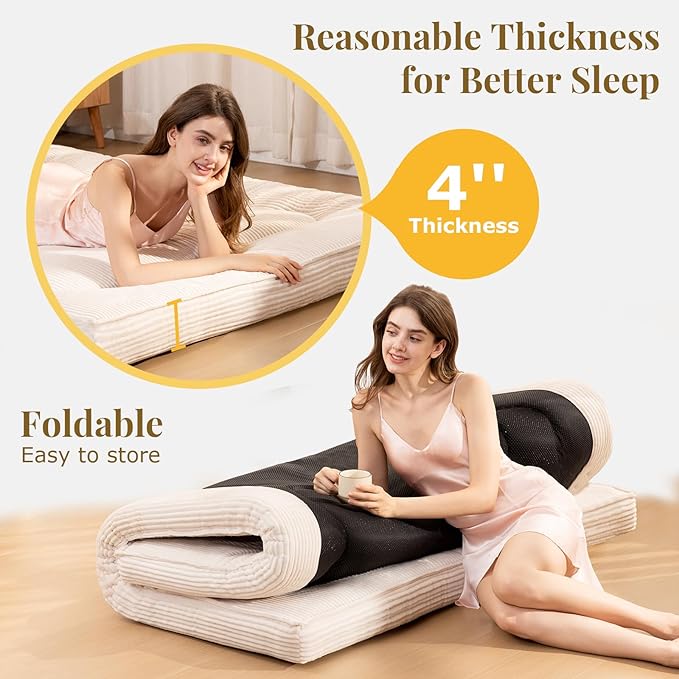 Japanese Floor Mattress, 4" Thicken Futon Mattress Twin Size Sleeping Pad, Corduroy Foldable Floor Pad, Roll Up Tatami Mat for Adults Guest Room Bedroom, Beige