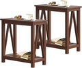 ChooChoo Farmhouse End Table Set of 2, Rustic Vintage Narrow End Side Table with Storage Shelf for Small Spaces, Nightstand Sofa Table for Living Room, Bedroom Walnut