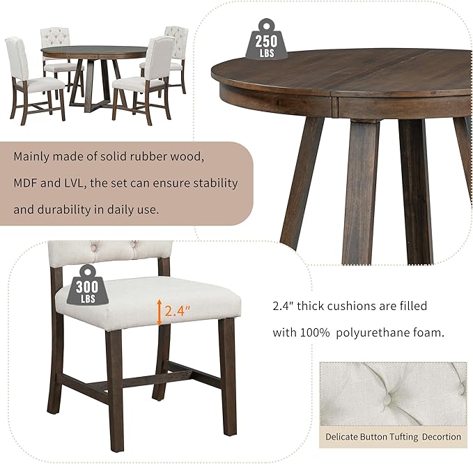 Ball & Cast 5 Piece Dining Table Set with 4 Upholstered Chairs,Living Room Furniture W/ 42" Table,Tabletop Can be Adjusted from Round to Oval in Shape,for Restaurant,Home Bistro,Walnut