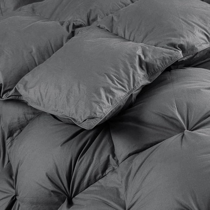 Luxurious All-Season Goose Down Feather Fiber Comforter Queen Size Duvet Insert, Exquisite Pinch Pleat Ruffled Twisted Flower, Premium Baffle Box, 100% Egyptian Cotton Cover, 60 oz. Fill Weight, Gray
