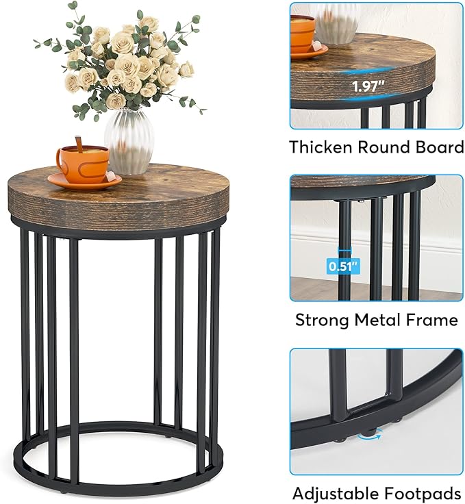 LITTLE TREE Round Side Table, End Table with Metal Frame, Small Wood Tables Tiny Coffee Accent Table Nightstand for Smaller Spaces, Living Room, Bedroom, Balcony (Brown, 2PCS)