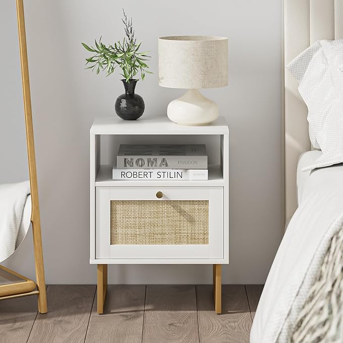 Masupu Extra Large Rattan Nightstand,Boho Night Stand Modern Farmhouse Wood Bedside Table with Storage Drawer and Open Shelf,Side End Table for Bedroom,Living Room,Office White