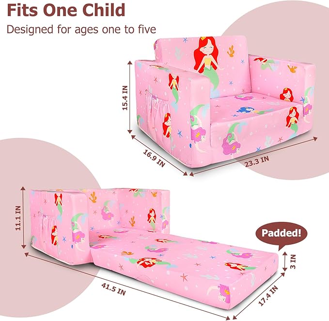Kids Couch, 2-in-1 Kids Fold Out Sofa, Convertible Toddler Couch to Lounger for Girls and Boys, Soft Toddler Chairs Comfy 1-3 Years Old(Mermaid)