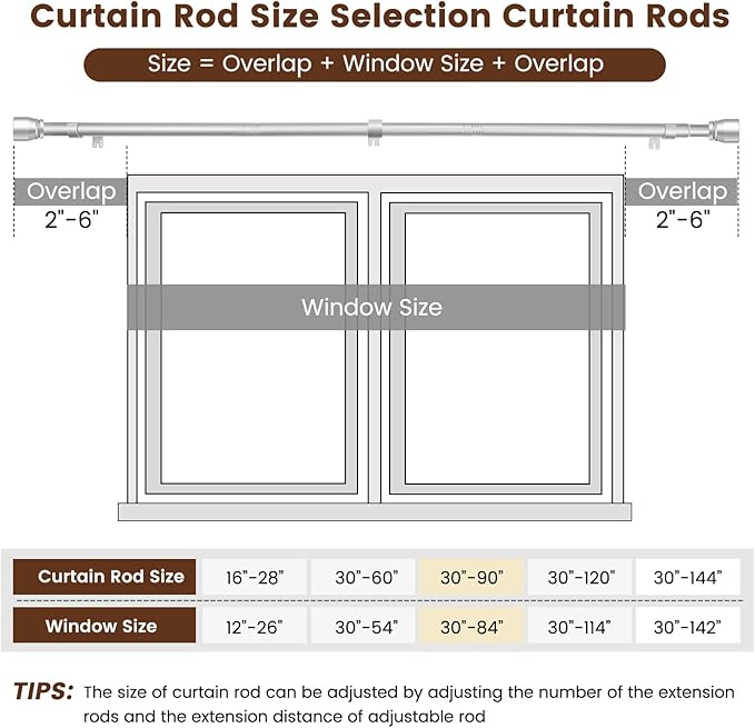1” Diameter Silver Curtain Rod Itself is 30-90 Inch 2 Pack, Fit 30 to 84 Inch - Image 3