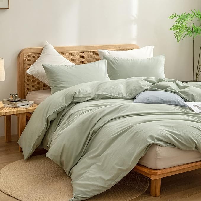 BESTOUCH Duvet Cover Set 100% Washed Cotton Linen Feel Super Soft Comfortable Chic Lightweight 3 PCs Home Bedding Set Solid Sage Green Super King Plus