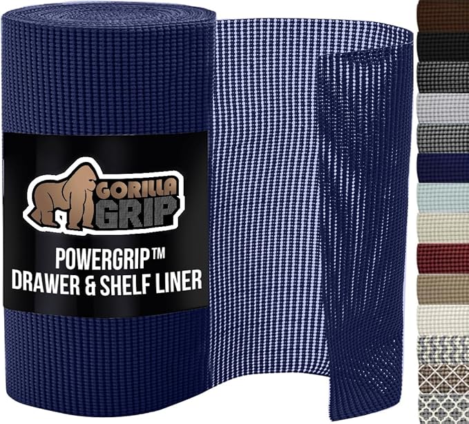 GORILLA GRIP powerGRIP Drawer Shelf and Cabinet Liner, Thick Strong Hold, Non-Adhesive Liners Protect Kitchen Cabinets and Cupboard, Bathroom Drawers, Easy Install, Breathable Mat, 20" x10', Navy Blue
