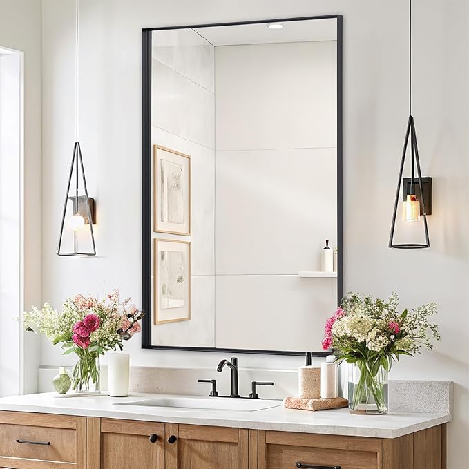 Melodieux Wall Vanity Bathroom Mirror for Over Sink, 24"x36" Rounded Rectangle Metal Deep Frame Wall Mounted Mirror Wall Decor for Living Room Hallway, Black