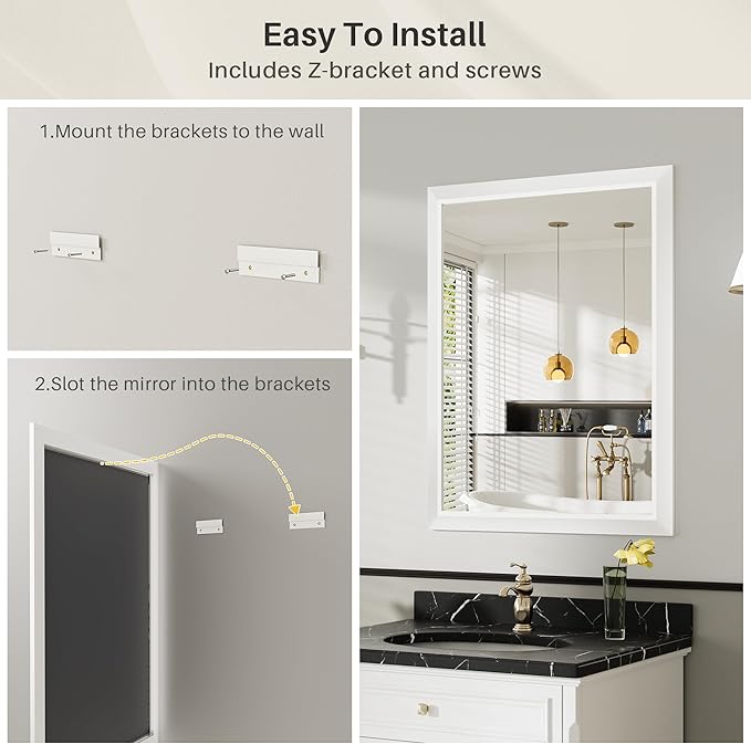 24x30 Inch White Bathroom Mirror for Wall, Thick Metal Framed Rectangle Mirrors for Over Sink, Bedroom, Living Room, Entryway, Anti-Rust, HD Tempered Glass
