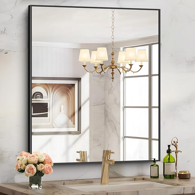 Black Bathroom Mirror for Wall, 30x36 Inch Rectangle With Metal Frame, Modern Vanity for Bathroom Living Room, Entryway Hangs Horizontal or Vertical