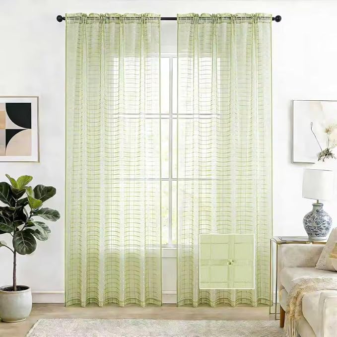 SpaceDresser Check Sheer Curtains 54 Inches 2 Panels Set, Rod Pocket Plaid by SpaceDresser