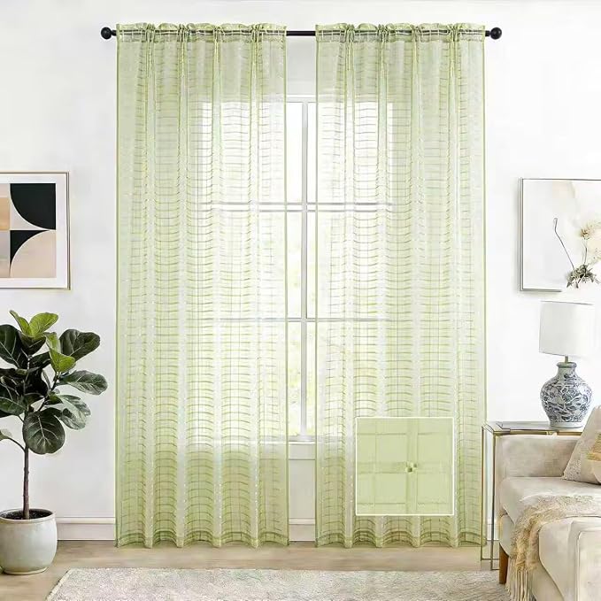 SpaceDresser Check Sheer Curtains 90 Inches 2 Panels Set, Rod Pocket Plaid by SpaceDresser