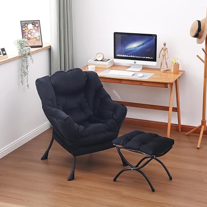 Lazy Chair and Ottoman, Large Accent Lounge Chair with Armrests and a Side Pocket, Modern Leisure Upholstered Sofa Reading Armchair with Footrest for Bedroom, Living Room, Dorm Rooms, Office