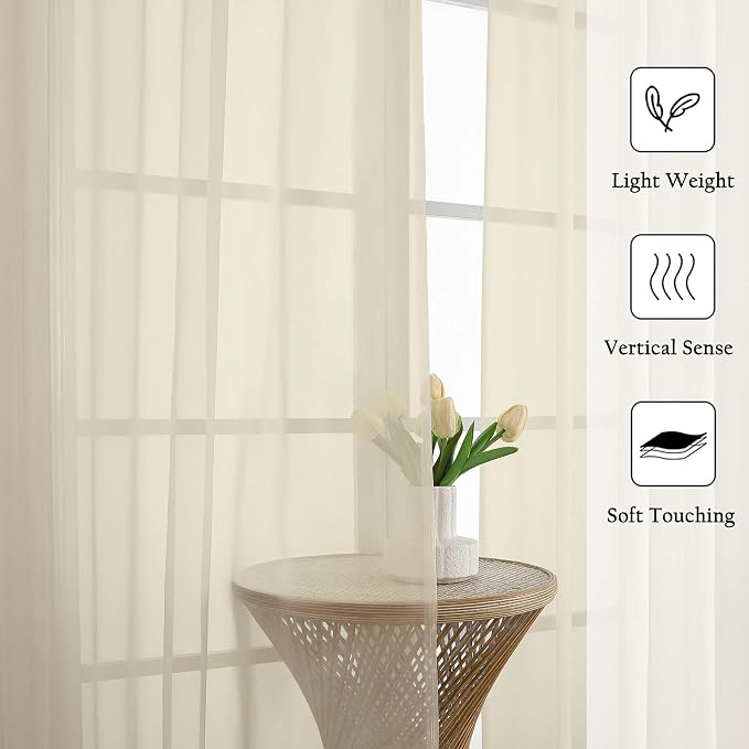 Lecloud Cream Sheer Curtains for Bedroom 90 Inches Long 2 Pcs, Rod Pockets - Image 2