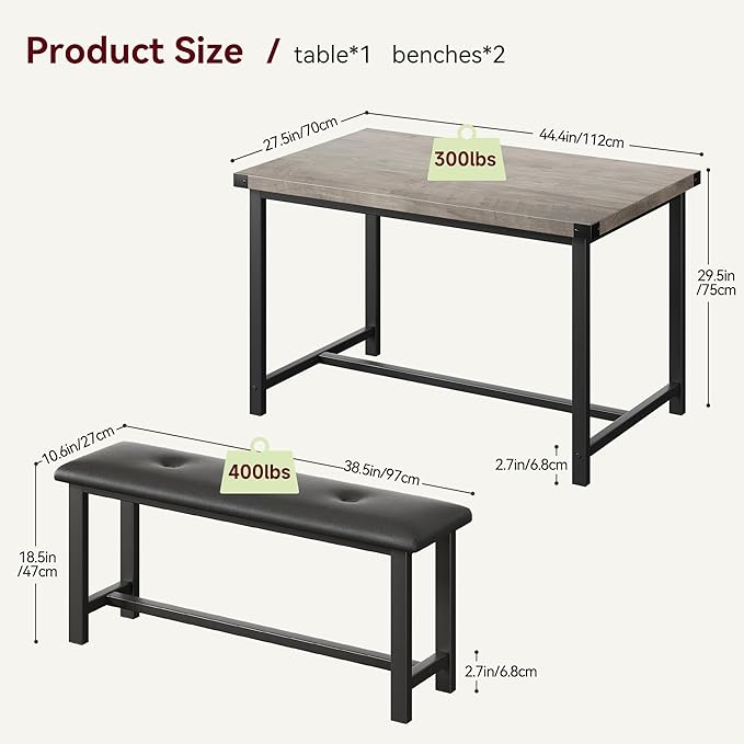 Dining Table Set for 4, Kitchen Table with 2 Upholstered Benches, 3-Piece Dining Room Set for Kitchen, Apartment and Small Spaces, Gray