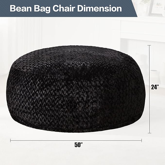 Hobestluk 5ft Bean Bag Chairs for Adults Large Beanbag Chair with Chevron Plush Fur Cover Big Bean Bag Chair for Living Room Bedroom Dorm Office - Black (50” x 50” x 24”)