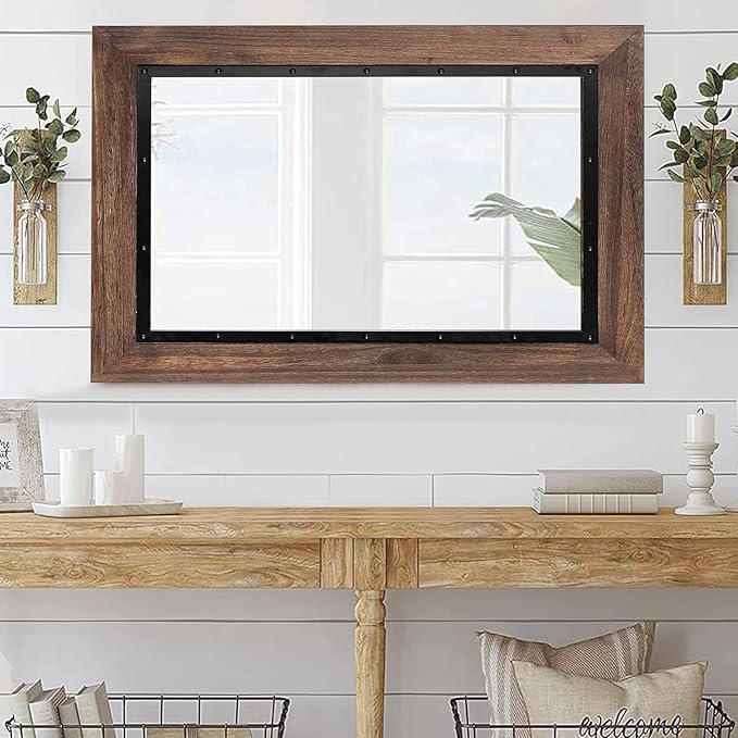 YOSHOOT Rustic Wooden Framed Wall Mirror, Natural Wood and Iron Bathroom Vanity Mirror for Farmhouse Decor, Vertical or Horizontal Hanging, 60" x 36", Brown