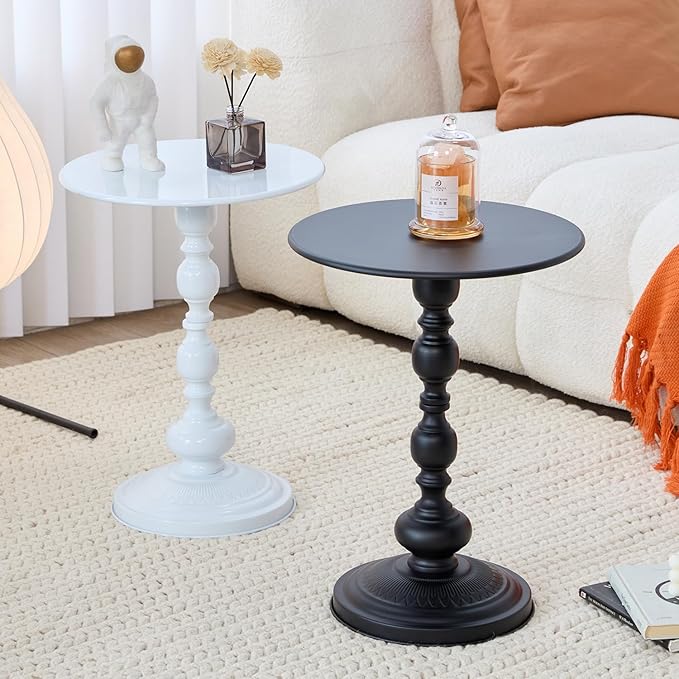Chic Vintage Round Side Table with Elegant Roman Columns - Sturdy Metal Construction, Perfect for Coffee, End, Tea, or Leisure Use in Living Room or Bedroom Decor (Black and White 1 Pack)