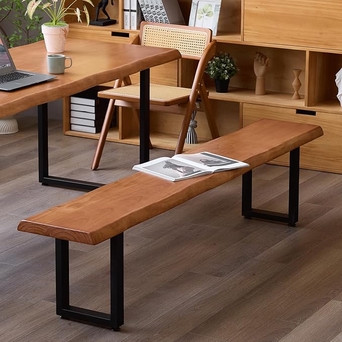 Brown Bench Wooden Long Bench with Metal Legs for Office Restaurant Living Room Meeting Room Indoor Seating Multiple (tan bench62.99in)