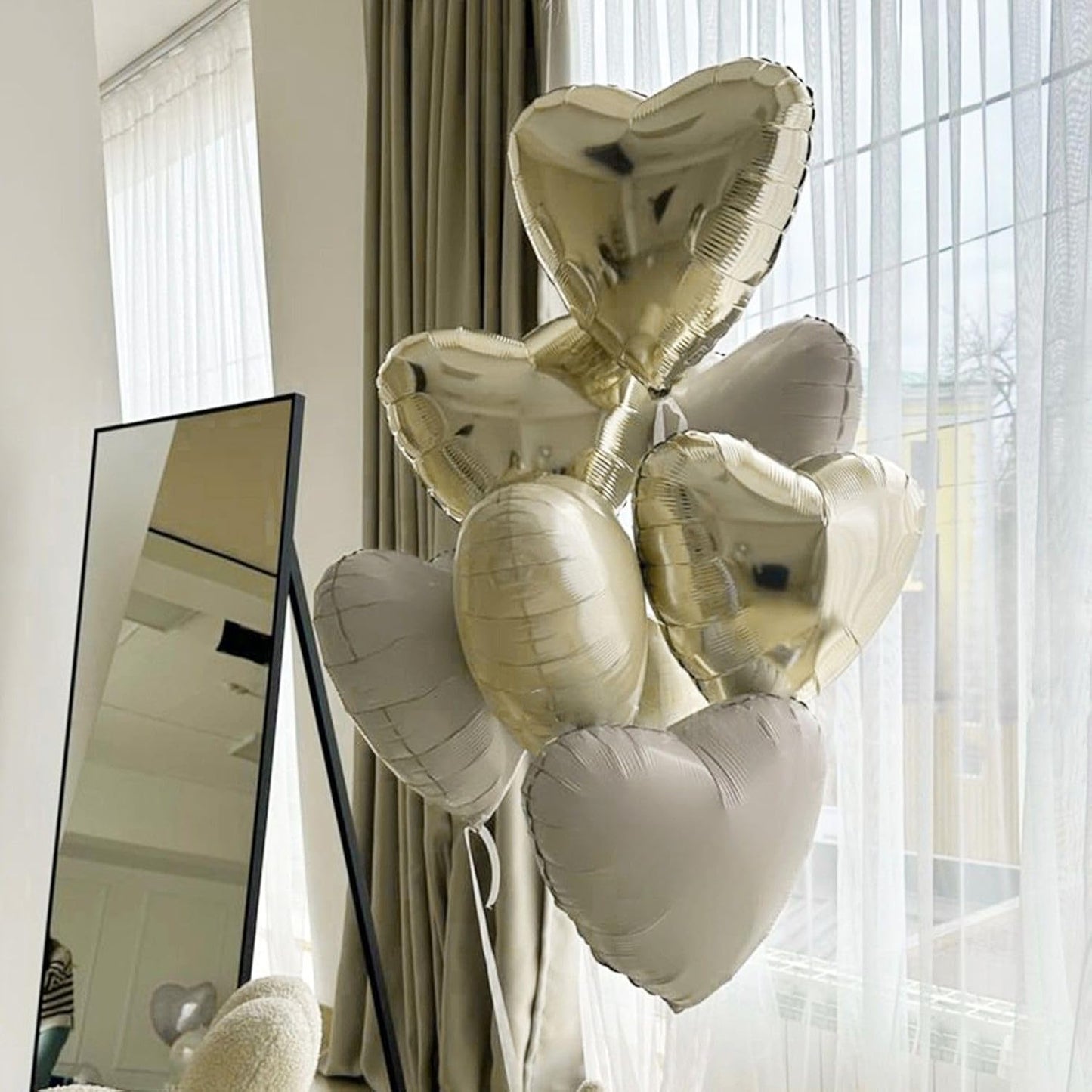 Champagne Gold Cream Heart Balloons,12Pcs 18 Inch Beige Foil Love Heart Shaped Balloons for Birthday Party Wedding Engagement Anniversary Graduation Baby Shower Valentines Day Decorations