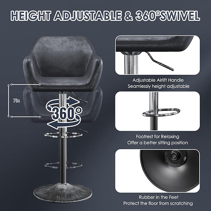 Keyluv Bar Stools Set of 2 for Kitchen Counter Adjustable Height Swivel Barstools 29 Inch Faux Leather Bar Chairs with Padded Back and Chromed Metal Base, Retro Black