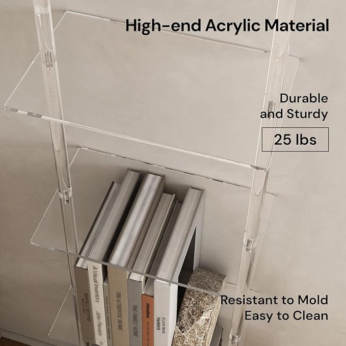 Small Acrylic Ladder Bookshelf, 9.5" D x 15.6" W, 5-Tier Clear Wall Mounted Book Shelf for Small Spaces, Multipurpose Bookcase for Living Room, Bathroom, Office, Modern, 73" H