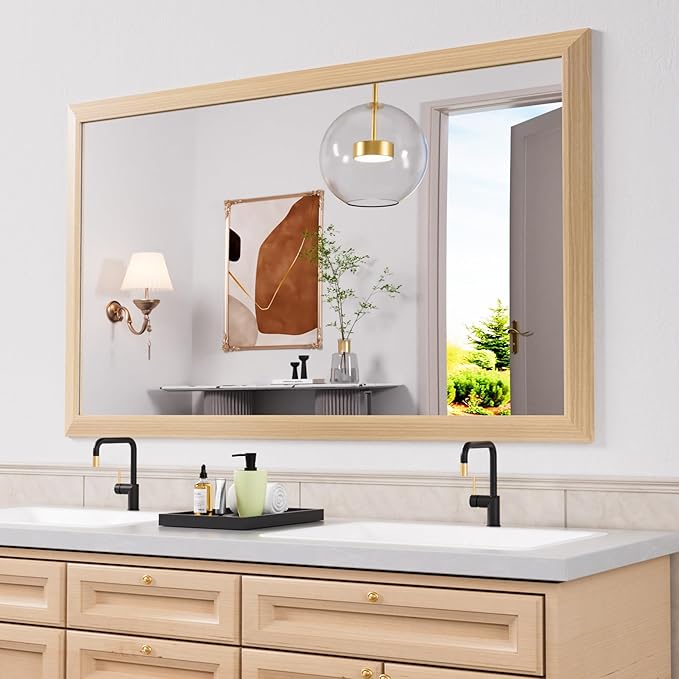 Amorho Bathroom Mirror, 60 X36 Inch Wall Mirror, Oak Wood Grain Metal Framed, Anti-Rust, Hang Horizontally/Vertically, Suitable for Bedroom, Farmhouse, Bathroom, Decorative