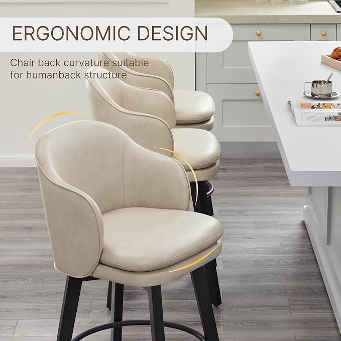 Counter Height Barstools 26 inch Upholstered Swivel Bar Stools with Back and Wood Legs for Kitchen Island,Set of 3,Beige PU Leather