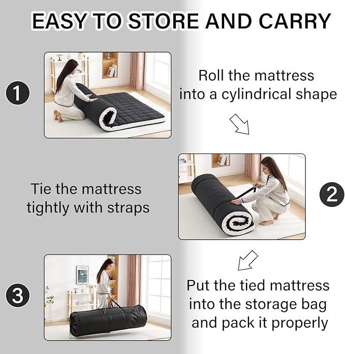 Welnow Japanese Futon Floor Mattress, Full Size Thick Tatami Mat Portable & Foldable Roll Up Floor Bed Mattress with Storage Bag, Sleeping Pad for Adults, Dorm, Guest Bed, Camping and Travel, Black