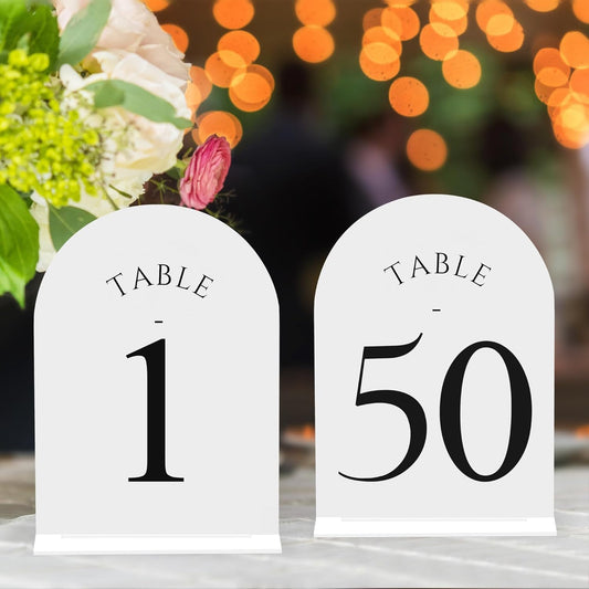 JOYIT Arch Wedding Table Numbers 1-50 with Stands – Double-Sided Printed 5" X 7" Acrylic Signs with White Background and Black Text, Perfect for Wedding Receptions, Parties, Anniversaries, and Events